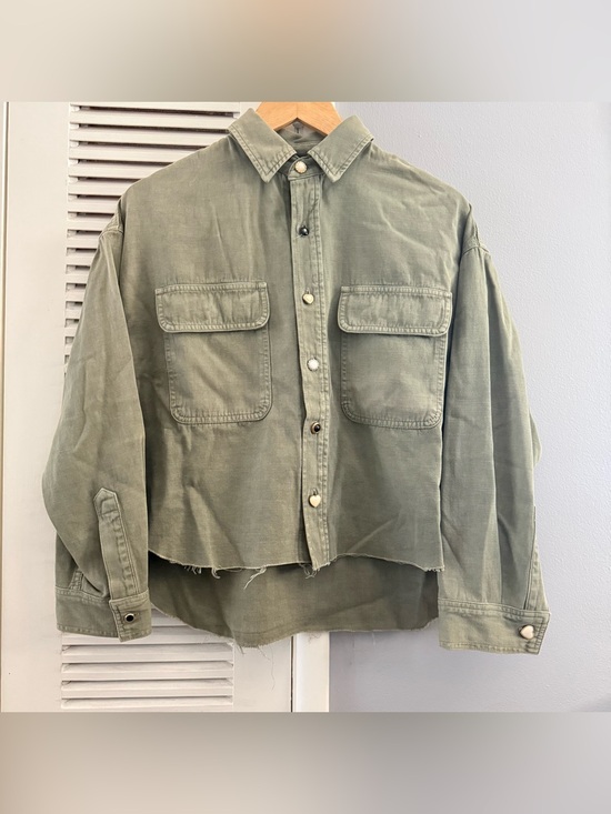 AMO Tops - AMO Olive Green  Cropped Oversized Style Cotton Linen Button-Up Shirt